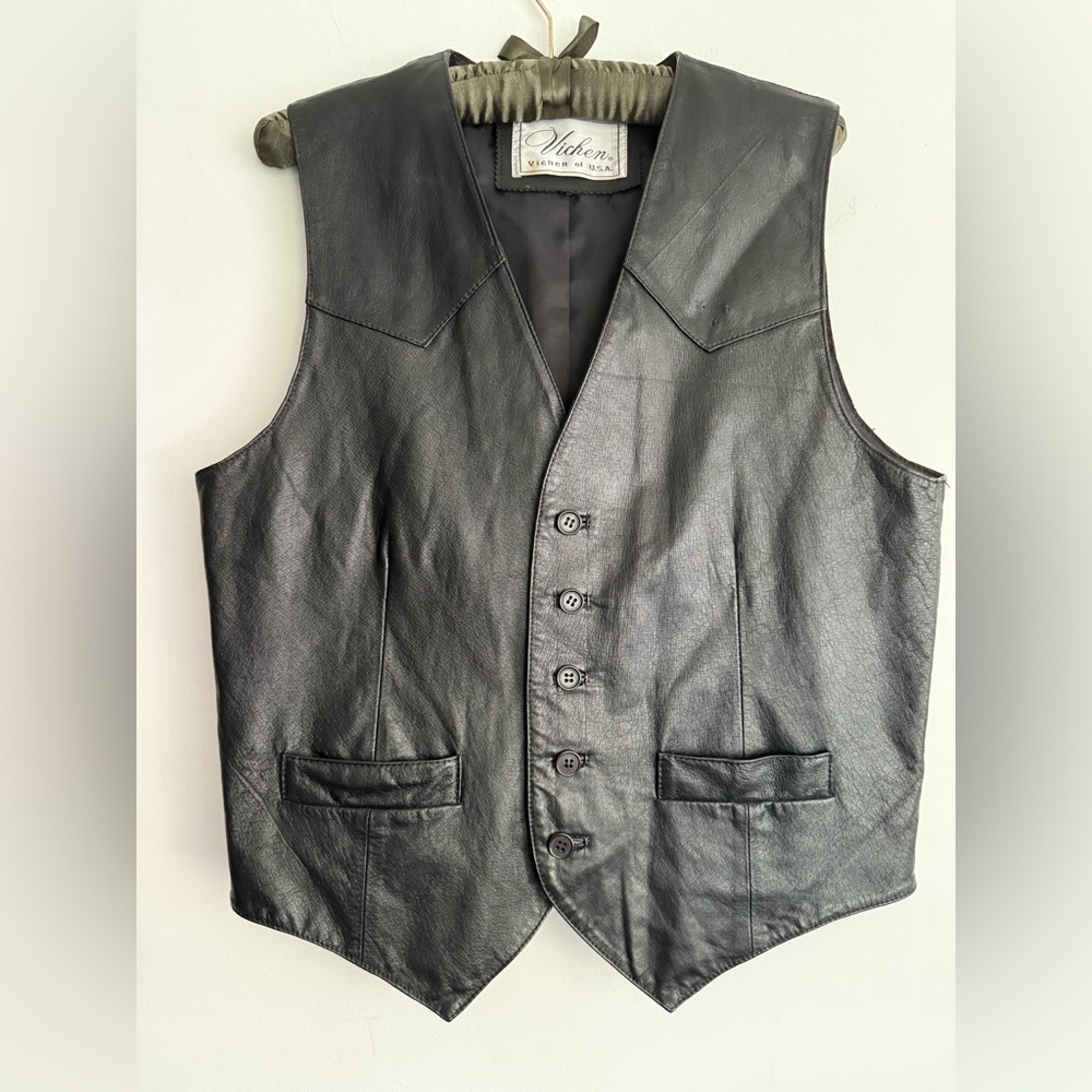 Vintage 90s Vichen Black‎ Leather Button Down Vest Rockabilly Biker Western M